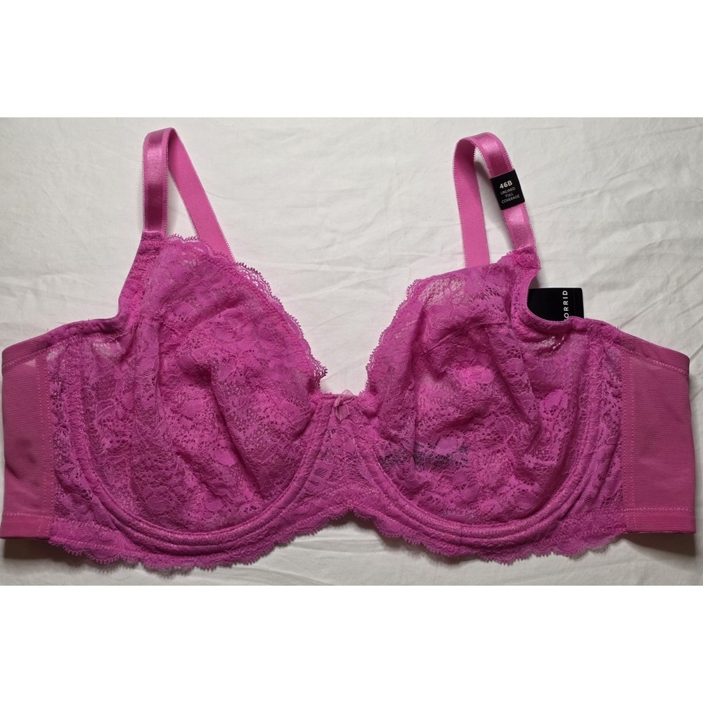 Torrid Sugar Rush Full Coverage Unlined Underwire Bra 46B Pink Lace NEW